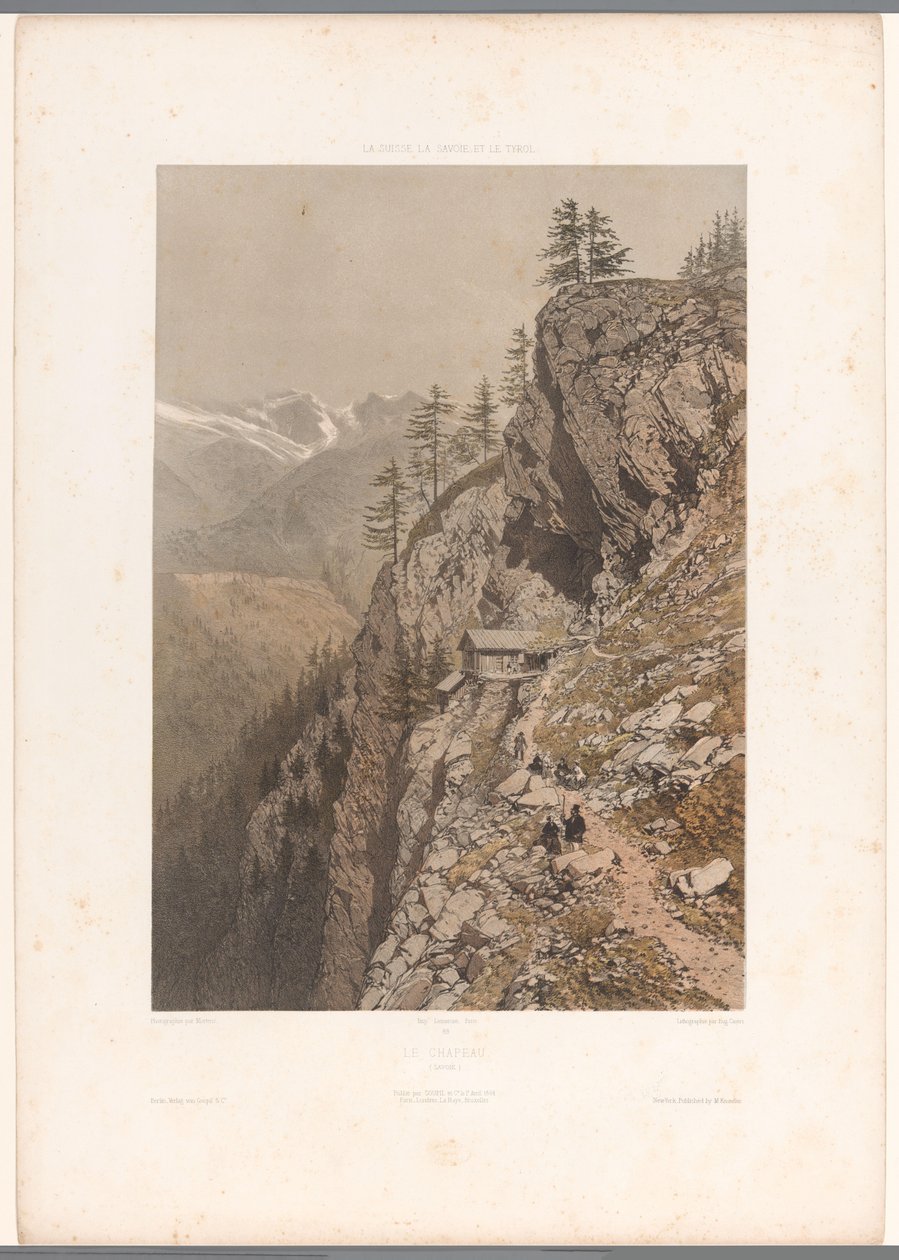 Vandrere på bjergsti ved Chamonix og Mont Blanc Le Chapeau (titel på objekt) Ansigter i Schweiz, Savoy og Tyrol (serietitel) La Suisse, la Savoie et le Tyrol (serietitel på objekt) af Eugene Ciceri