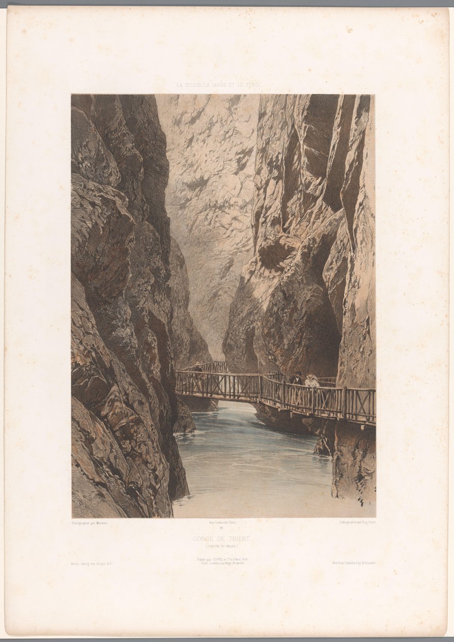 Vandrere på en bro gennem Trientschlucht Gorge de Trient (titel på objekt) Ansigter i Schweiz, Savoy og Tyrol (serietitel) La Suisse, la Savoie et le Tyrol (serietitel på objekt) af Eugene Ciceri