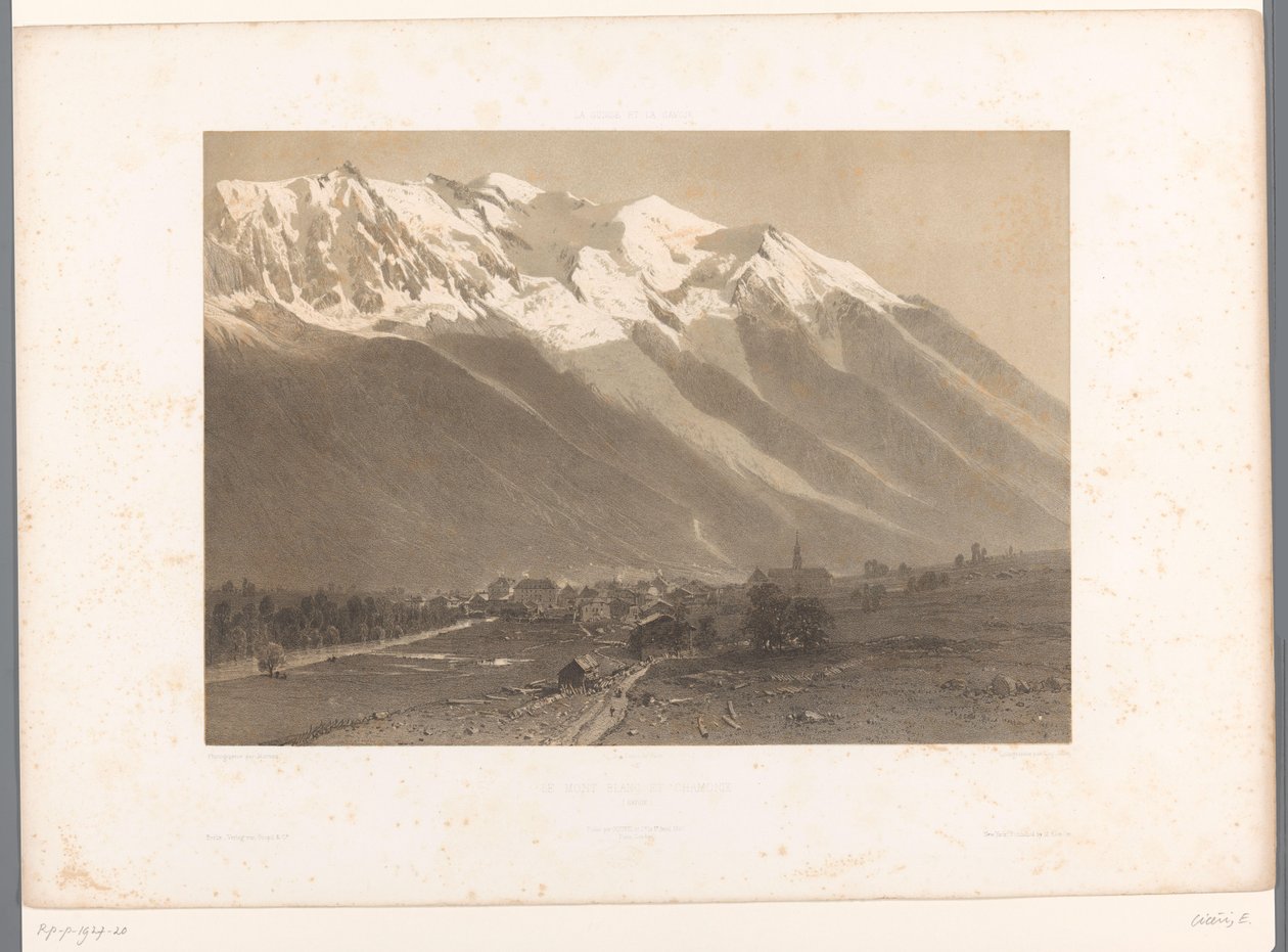 Udsigt over Chamonix ved foden af ​​Mont Blanc Le Mont Blanc et Chamonix (titel på objekt) La Suisse et la Savoie (serietitel) Ansigter i Schweiz og Savoy (serietitel på objekt) af Eugene Ciceri