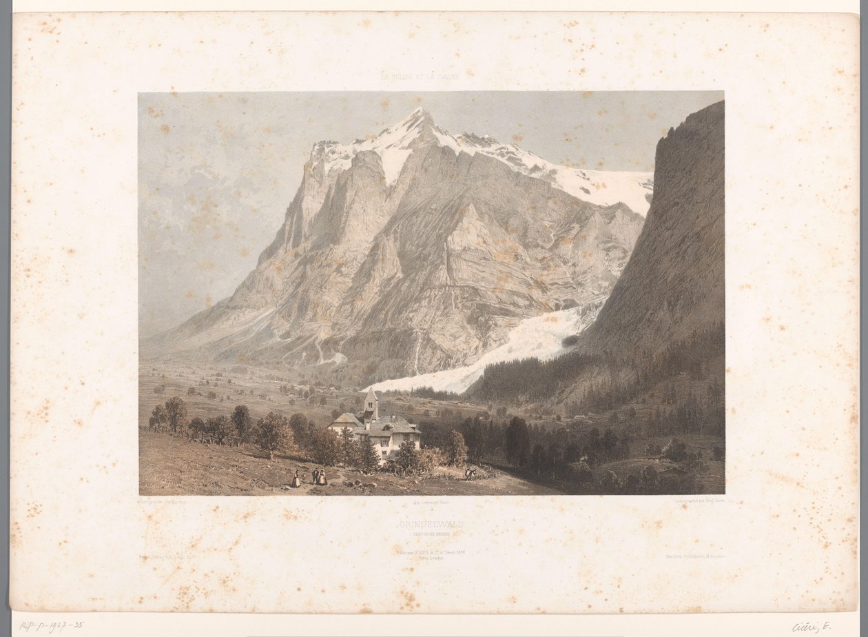 Udsigt over Grindelwald Grindelwald (titel på objekt) Ansigter i Schweiz, Savoy og Tyrol (serietitel) La Suisse, la Savoie et le Tyrol (serietitel på objekt) af Eugene Ciceri