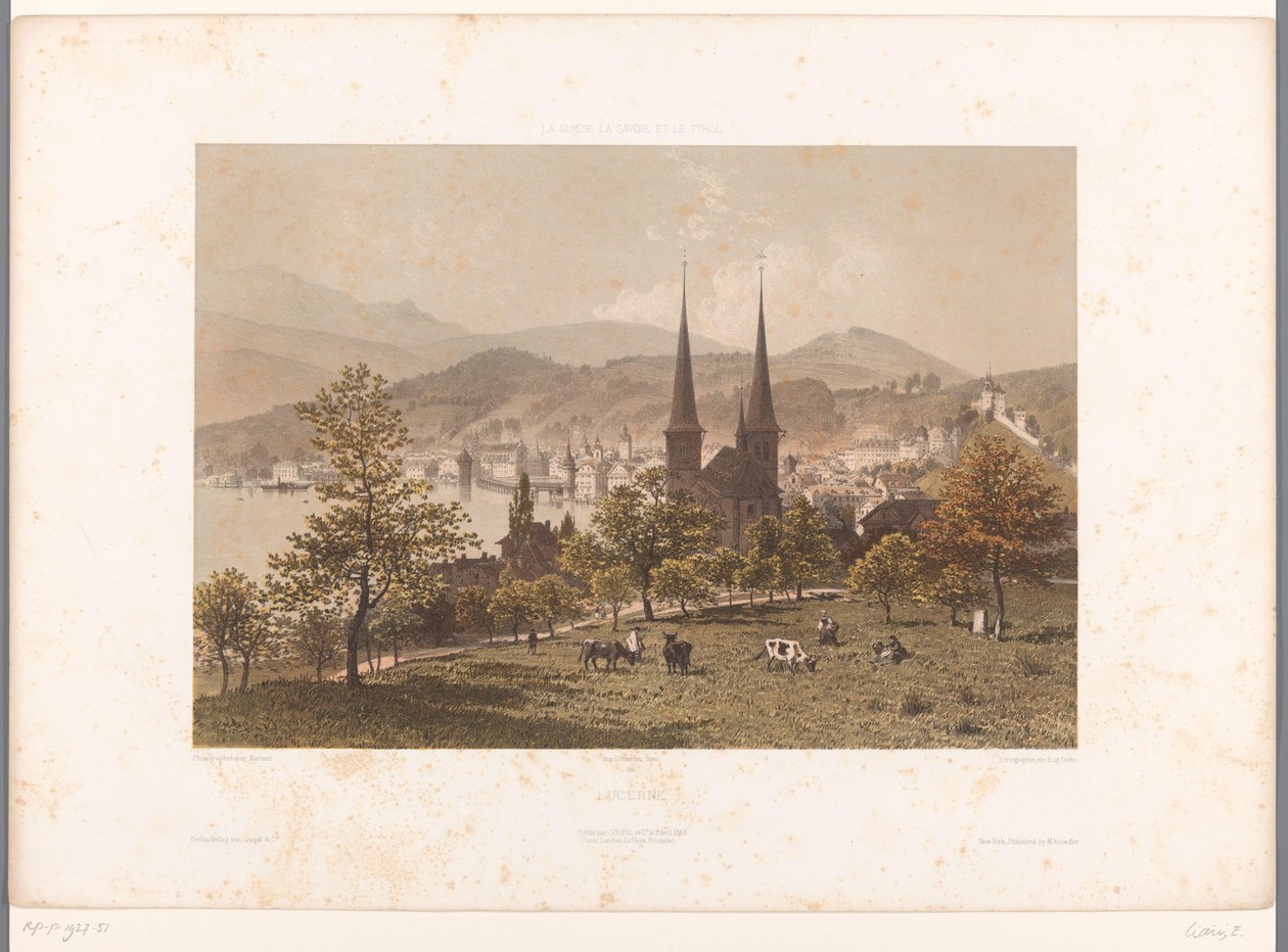 Udsigt over Luzern Lucerne (titel på objekt) Seværdigheder i Schweiz, Savoy og Tyrol (serietitel på objekt) La Suisse, la Savoie et le Tyrol (serietitel) af Eugene Ciceri