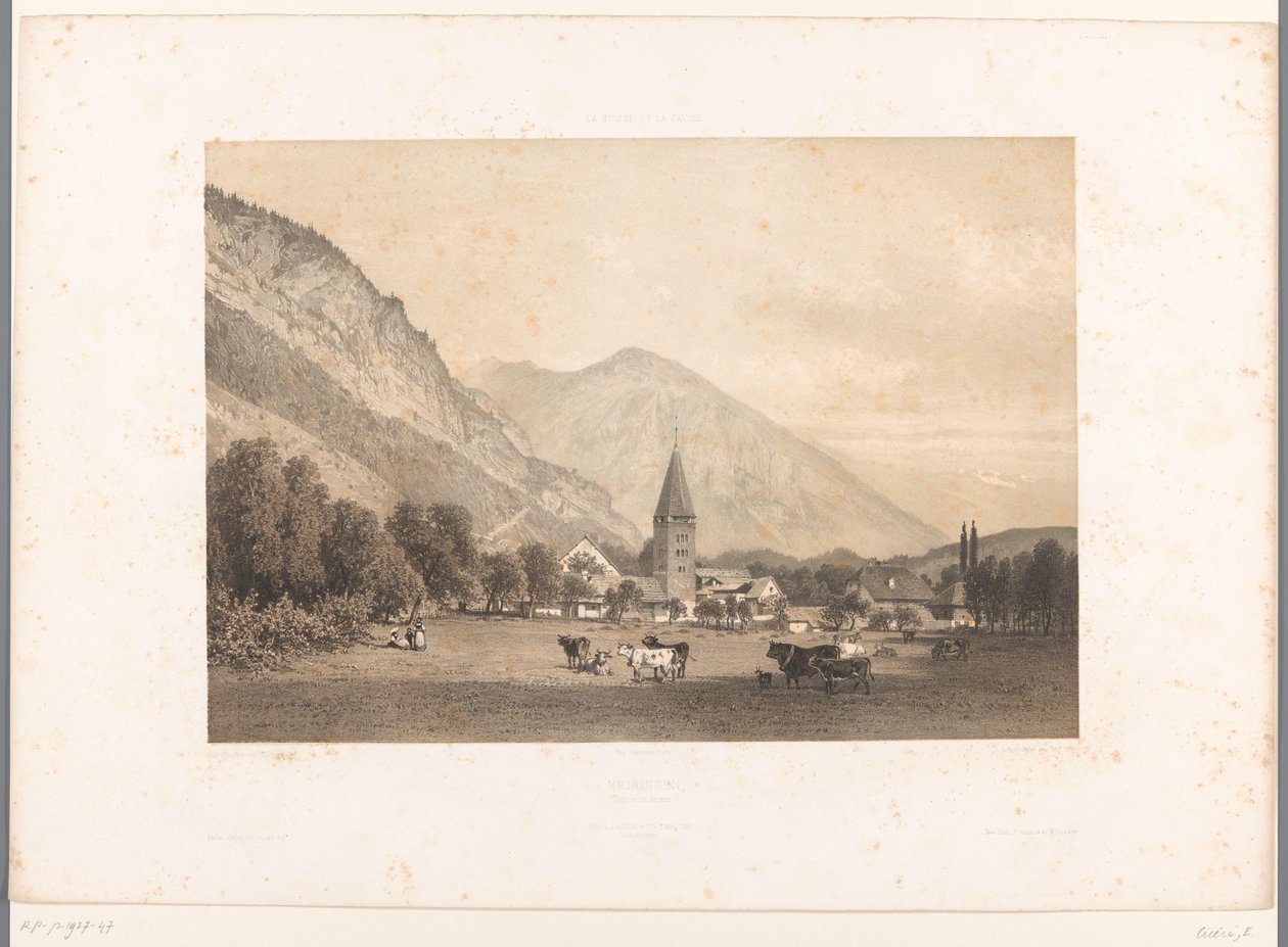 Udsigt over Meiringen Meiringen (titel på objekt) Ansigter i Schweiz og Savoy (serietitel) La Suisse et la Savoie (serietitel på objekt) af Eugene Ciceri