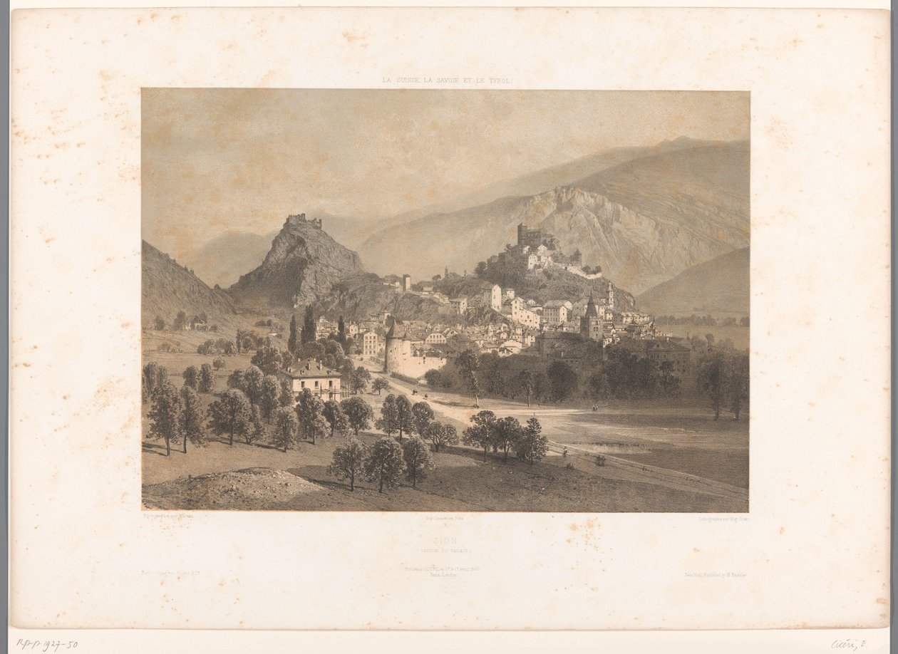 Udsigt over Sion i Rhone-dalen Zion (titel på objekt) Ansigter i Schweiz, Savoy og Tyrol (serietitel) La Suisse, la Savoie et le Tyrol (serietitel på objekt) af Eugene Ciceri