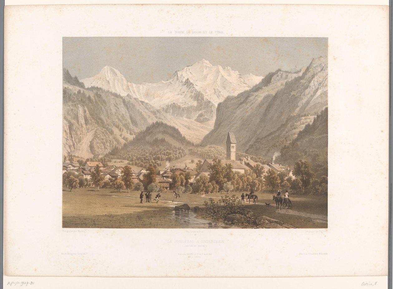 Udsigt over Unterseen og Jungfrau La Jungfrau à Unterseen (titel på objekt) Ansigter i Schweiz, Savoy og Tyrol (serietitel) La Suisse, la Savoie et le Tyrol (serietitel på objekt) af Eugene Ciceri