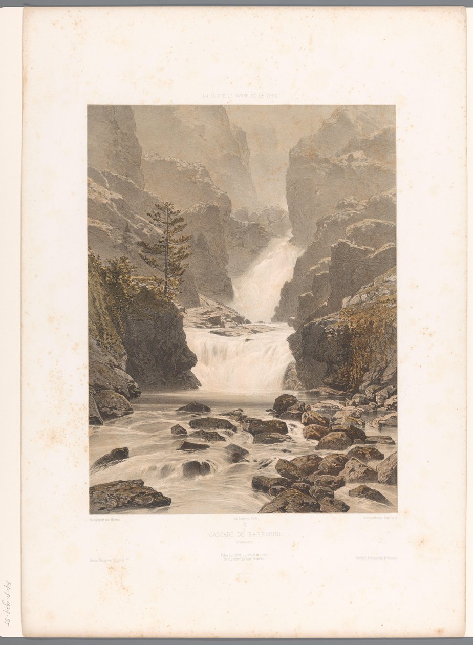 Udsigt over Barberine-vandfaldet nær Vallorcine Cascade de Barberine (titel på objekt) Ansigter i Schweiz, Savoy og Tyrol (serietitel) La Suisse, la Savoie et le Tyrol (serietitel på objekt) af Eugene Ciceri