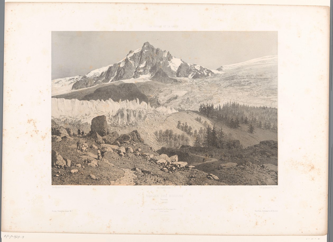 Udsigt over Bossons-gletsjeren i Chamonix-dalen Glacier des Bossons, Chamonix (titel på objekt) Ansigter i Schweiz og Savoy (serietitel) La Suisse et la Savoie (serietitel på objekt) af Eugene Ciceri