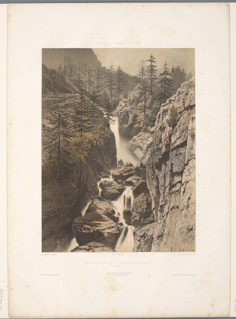 Zicht op de Bérard-waterval Generelt billede af Cascade de Bérard (titel på objektet) Gezichten i Schweiz, Savoy in Tirol (serietitel) Schweiz, Savoy og Tyrol (serietitel på objekt) af Eugene Ciceri