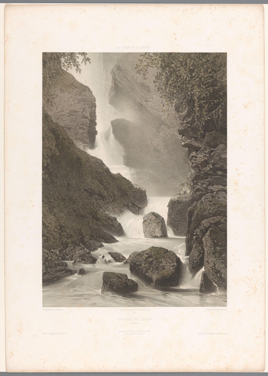 Udsigt over Chède-vandfaldet Cascade de Chède (titel på objekt) La Suisse et la Savoie (serietitel) Ansigter i Schweiz og Savoy (serietitel på objekt) af Eugene Ciceri