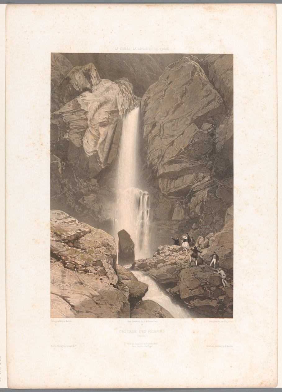 Udsigt over Pélerins-vandfaldet Cascade des Pelerins (titel på objekt) Ansigter i Schweiz, Savoy og Tyrol (serietitel) La Suisse, la Savoie et le Tyrol (serietitel på objekt) af Eugene Ciceri