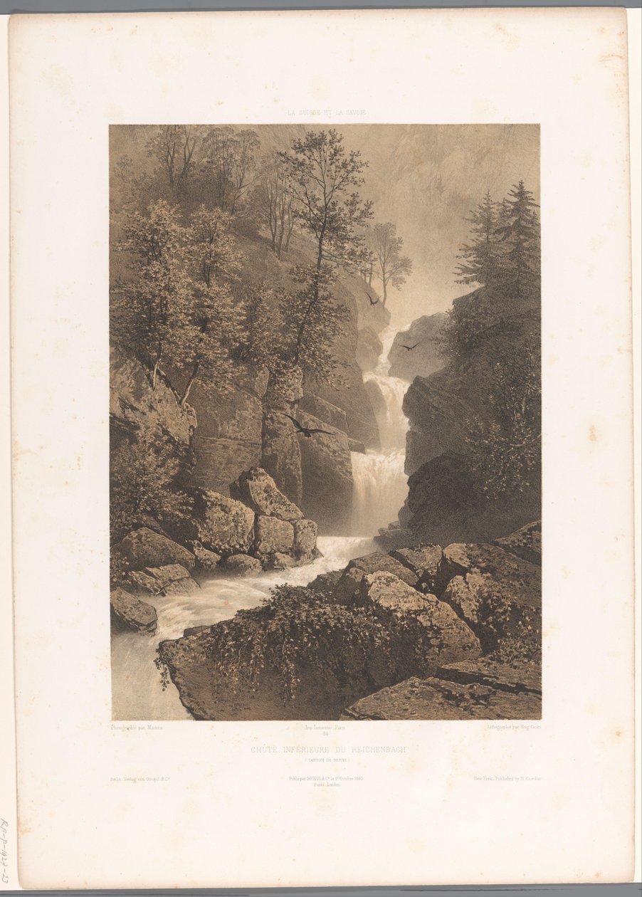 Udsigt over Reichenbach-vandfaldet Chûte, inferior du Reichenbach (titel på objekt) Ansigter i Schweiz og Savoy (serietitel) La Suisse et la Savoie (serietitel på objekt) af Eugene Ciceri