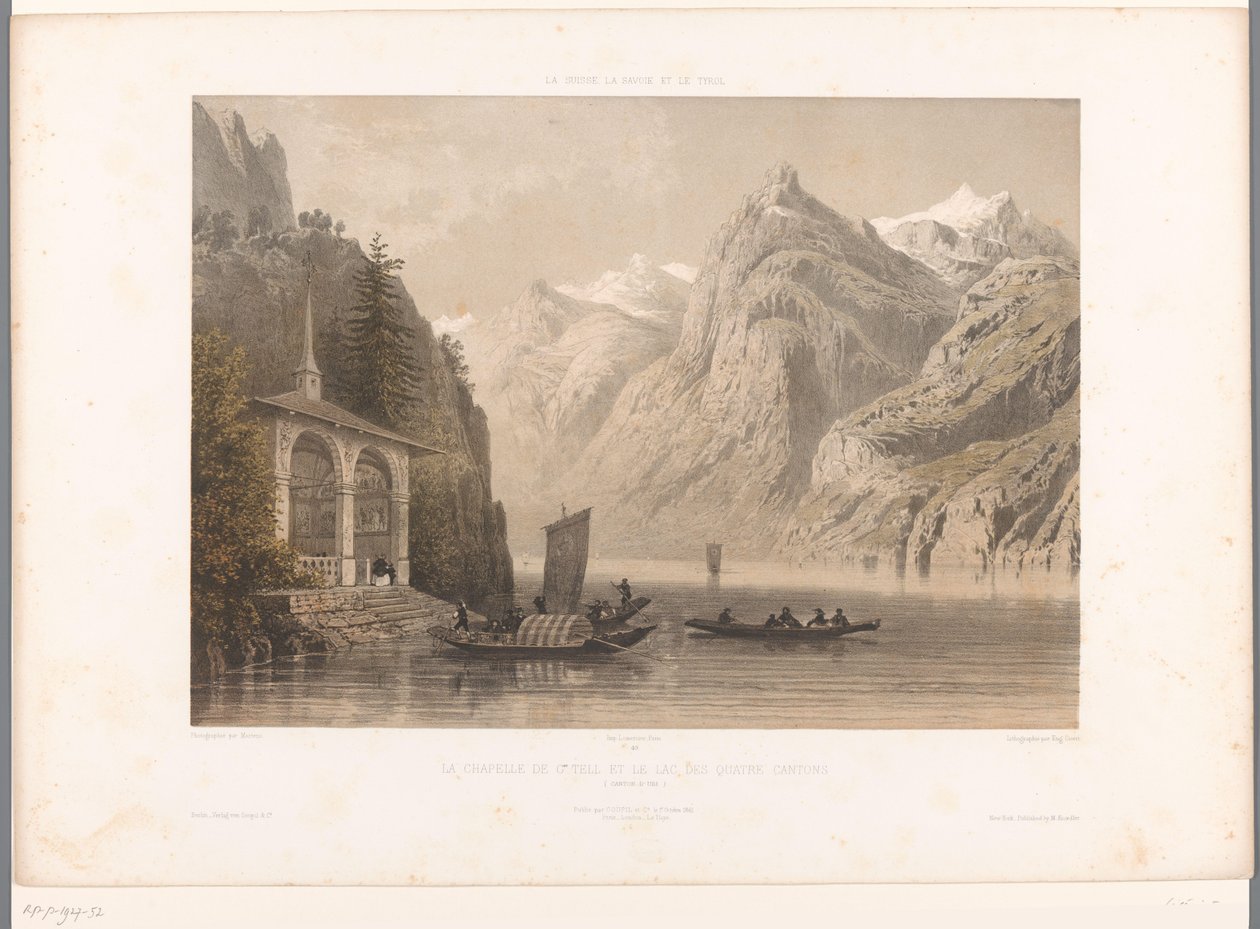 Udsigt over Tells-kapellet ved Luzern-søen La Chapelle de G.me Tell et le lac des Quatre-Cantons (titel på objekt) Ansigter i Schweiz, Savoy og Tyrol (serietitel) La Suisse, la Savoie et le Tyrol (serietitel på objekt) af Eugene Ciceri