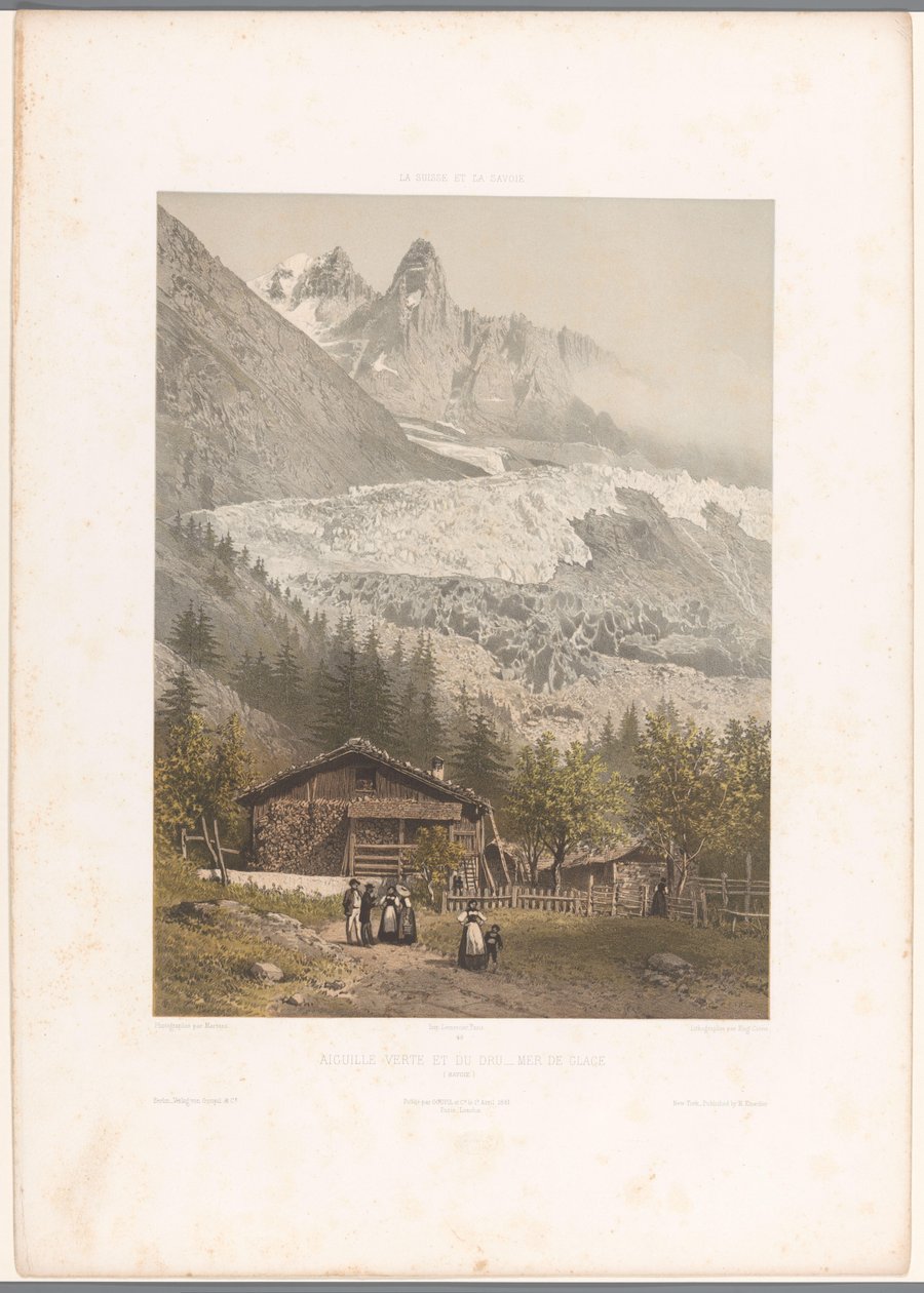 Udsigt over bjergtoppene Aiguille Verte og Dru og gletscheren Mer-de-Glace Aiguille verte et du Dru - Mer de Glace (titel på objekt) Ansigter i Schweiz og Savoy (serietitel) La Suisse et la Savoie (serietitel på objekt) af Eugene Ciceri