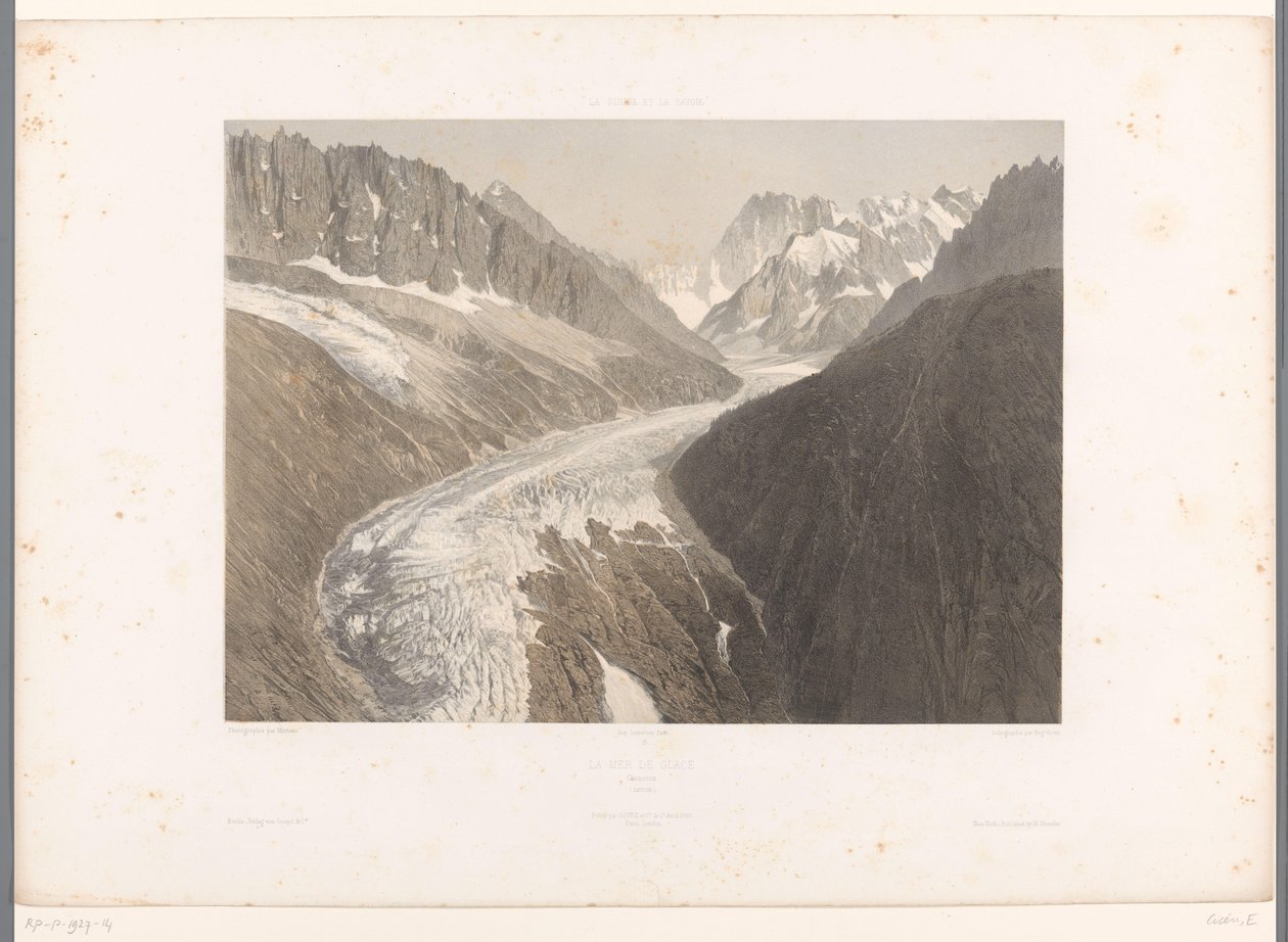 Udsigt over Mer-de-Glace-gletsjeren i Chamonix La Mer de Glace, Chamonix (titel på objekt) Ansigter i Schweiz og Savoy (serietitel) La Suisse et la Savoie (serietitel på objekt) af Eugene Ciceri