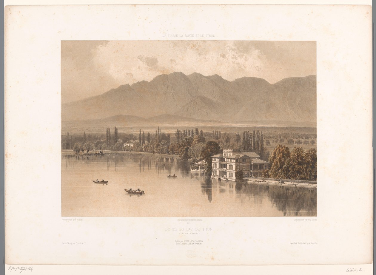 Udsigt over bredden af ​​Thun-søen Bords du Lac de Thun (titel på objekt) Ansigter i Schweiz, Savoy og Tyrol (serietitel) La Suisse, la Savoie et le Tyrol (serietitel på objekt) af Eugene Ciceri