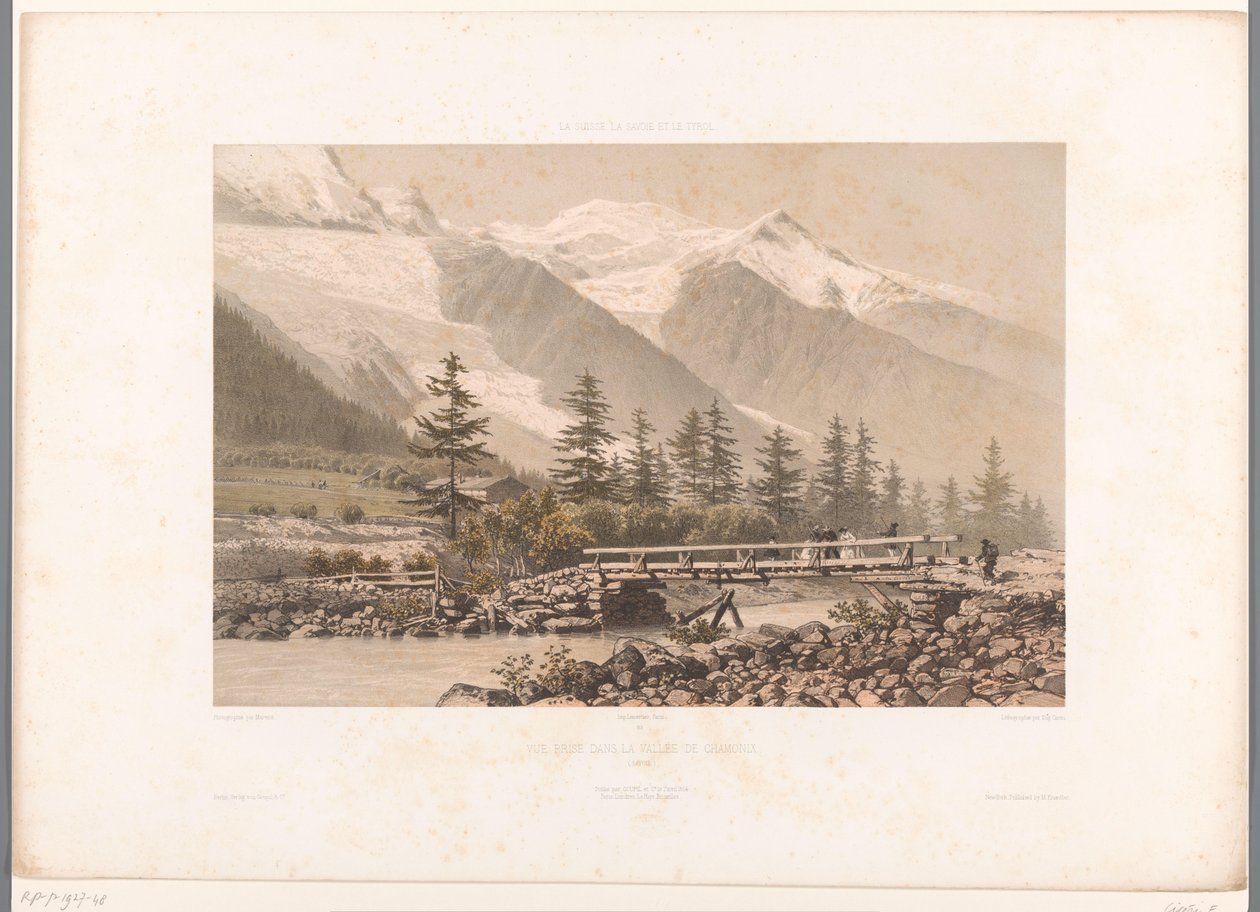 Udsigt over Chamonix-dalen med floden Arve Vue-pris i la Vallée de Chamonix (titel på objekt) Ansigter i Schweiz, Savoy og Tyrol (serietitel) La Suisse, la Savoie et le Tyrol (serietitel på objekt) af Eugene Ciceri