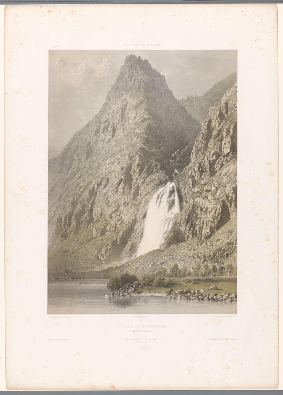 Udsigt over vandfaldet i Pissevache Cascade de Pissevache (titel på objekt) Ansigter i Schweiz og Savoy (serietitel) La Suisse et la Savoie (serietitel på objekt) af Eugene Ciceri