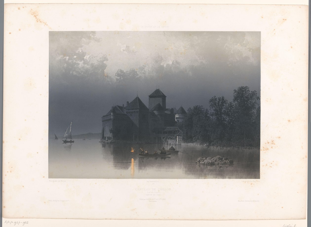Udsigt over Chillon Slot ved Genevesøen Château de Chillon (titel på objekt) Ansigter i Schweiz og Savoy (serietitel) La Suisse et la Savoie (serietitel på objekt) af Eugene Ciceri