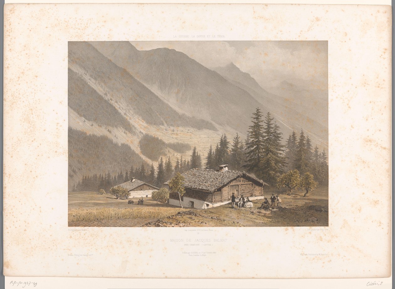 Udsigt over Jacques Balmats hus nær Chamonix Maison de Jacques Balmat (titel på objekt) Seværdigheder i Schweiz, Savoy og Tyrol (serietitel) La Suisse, la Savoie et le Tyrol (serietitel på objekt) af Eugene Ciceri
