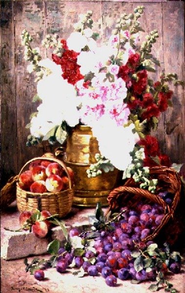 Stilleben med blomster i en messingurne og frugt i kurve af Eugene Claude