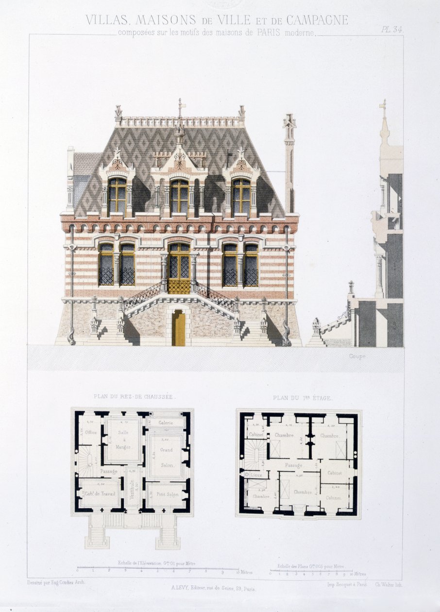 Design fra Town and Country Houses baseret på de moderne huse i Paris, ca. 1864 af Eugene Cordier
