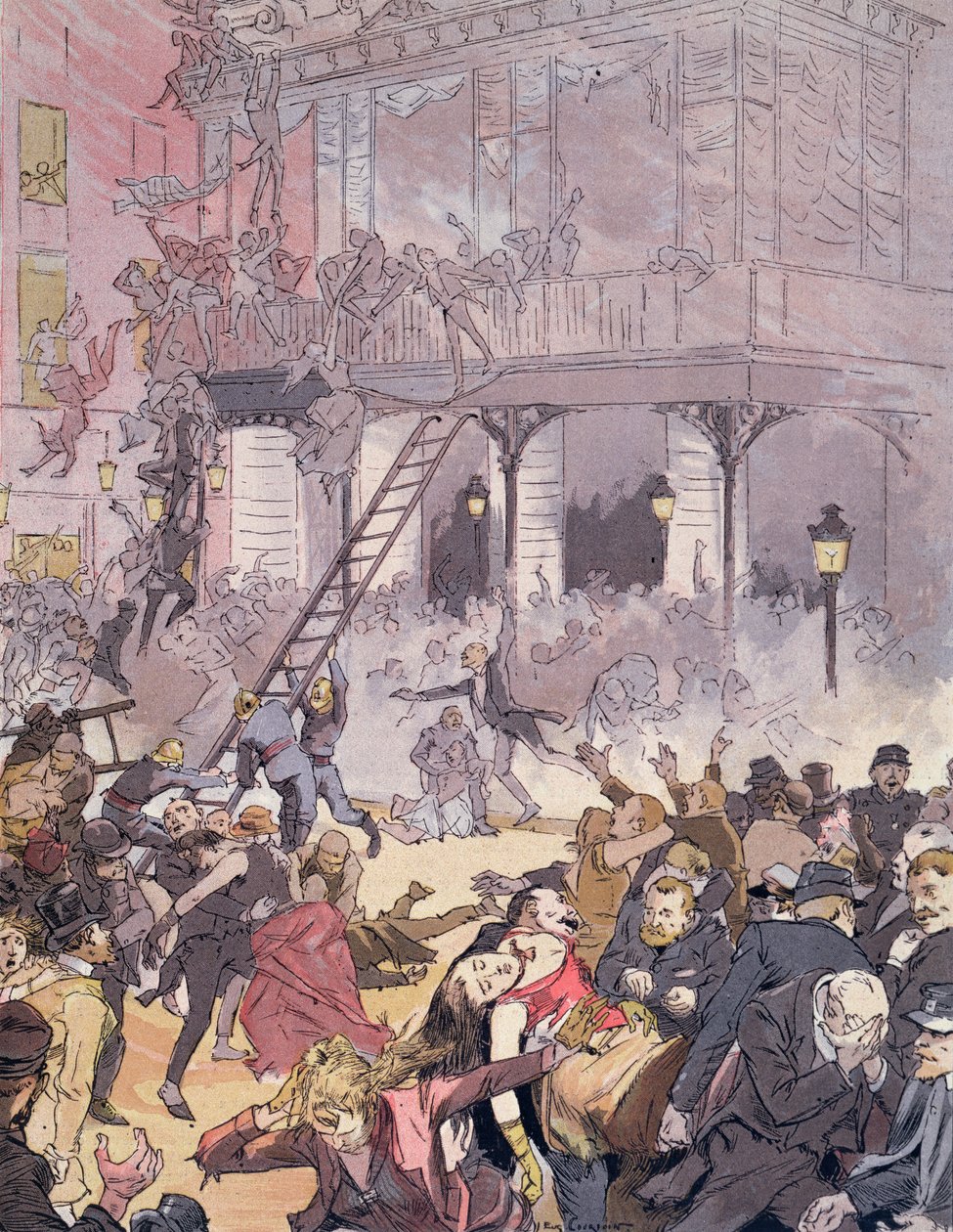 Brand ved Opera Comique, 25. maj 1887 (farve litho) af Eugene Courboin