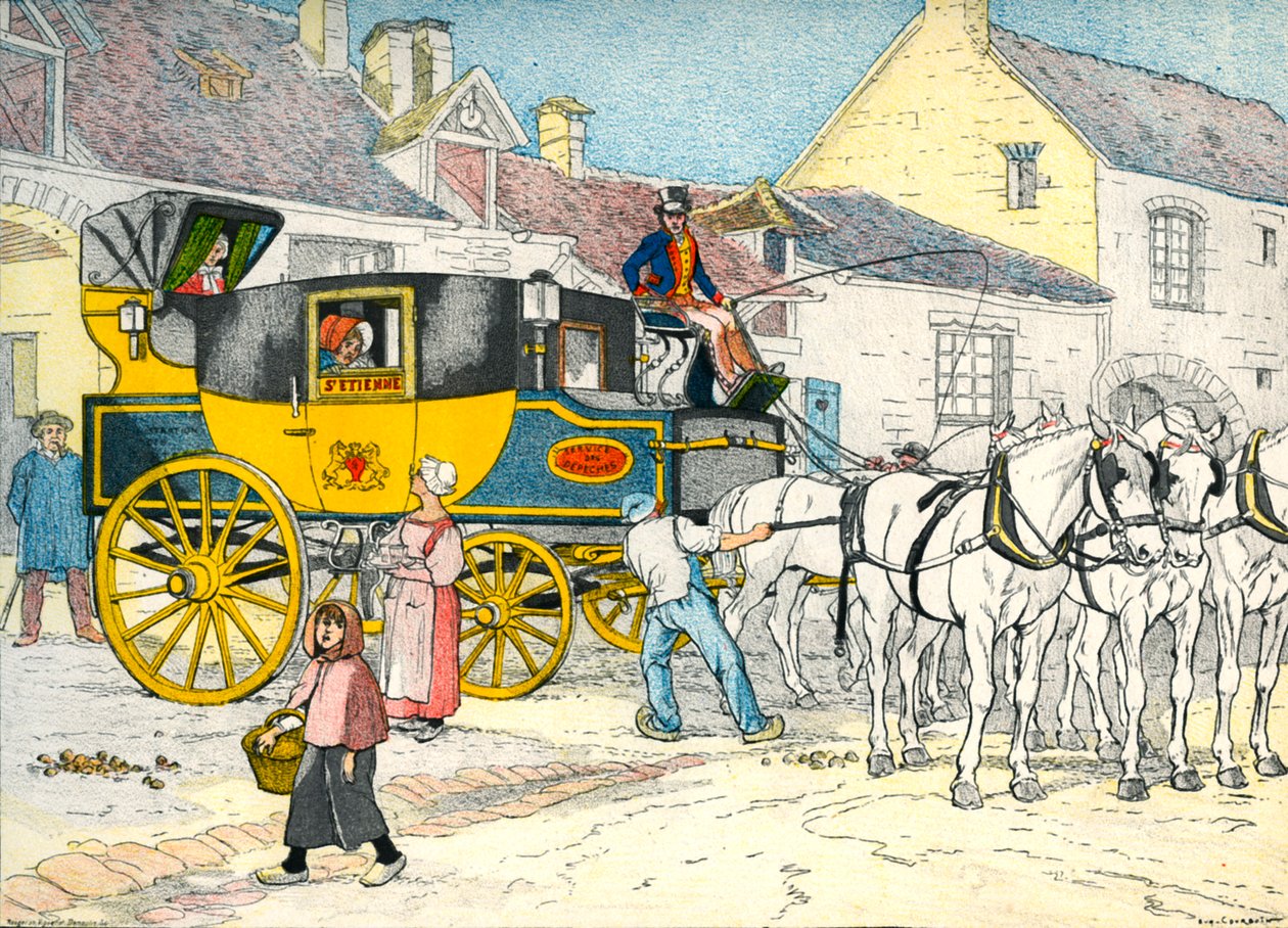 Postvogn i et vognhus i 1840 af Eugene Courboin
