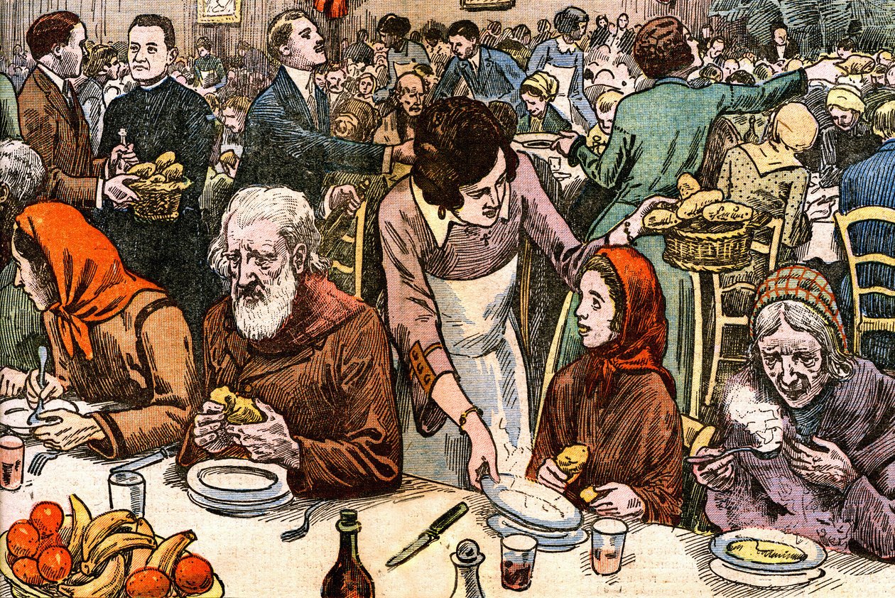En banket for de fattige (velgørenhed - velgørenhedsudvalg - katolsk nødhjælp - suppe - patronessedame). Juledag 1927 organiserede kardinal Ferrari (instrueret i Paris af Abbe Rivota) en messe for de fattige, efterfulgt af en overdækket banket i 2000. Dess af Eugene Damblans