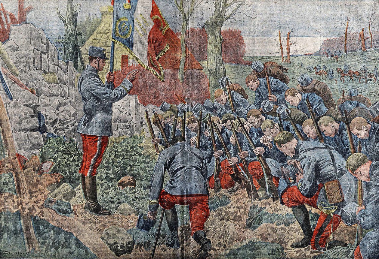 En præst, der bærer flag, giver syndsforladelse til officererne og soldaterne i hans regiment, når de sætter ud for at angribe. I "Le pelerin"" fra 1915. af Eugene Damblans