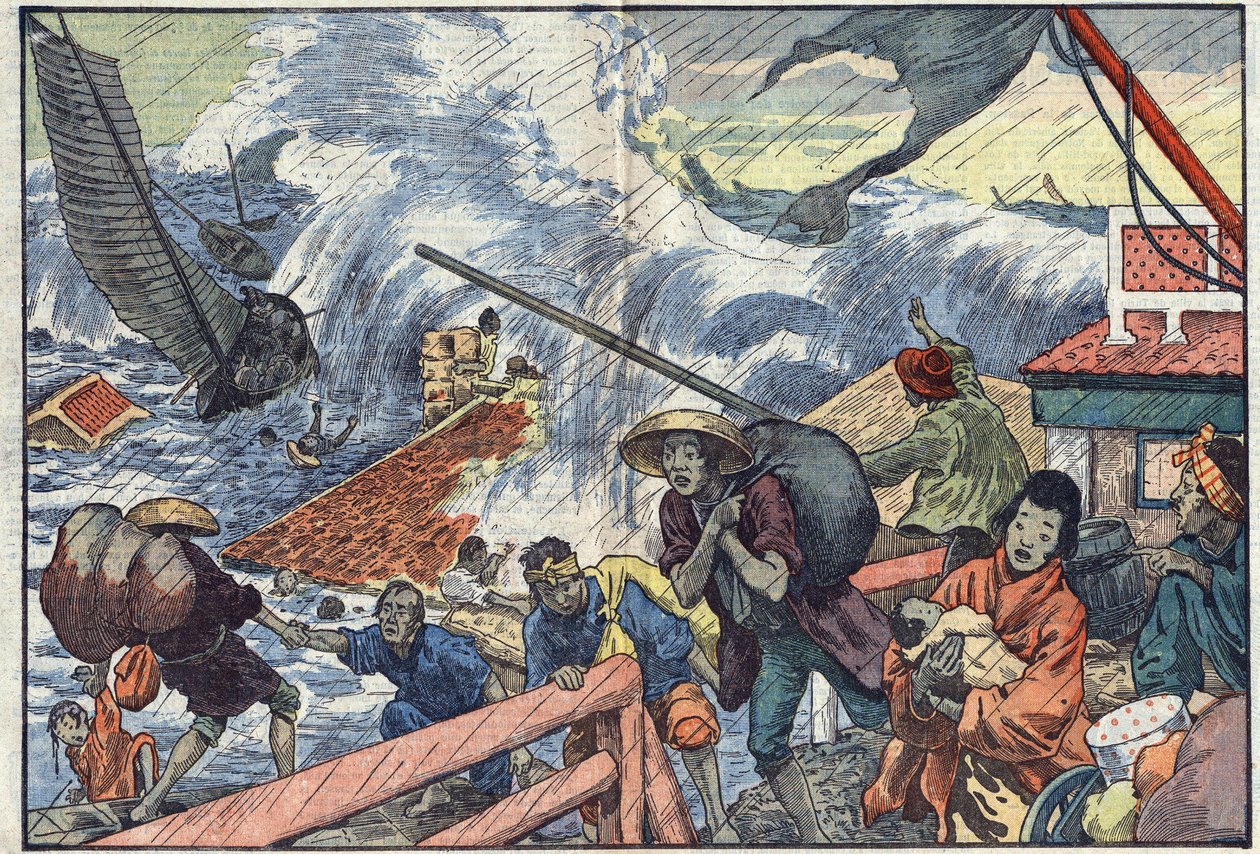 En maree raz og en tyfon ramte Japan. Illustration af svømning. I "Le Pelerin"" fra oktober af Eugene Damblans