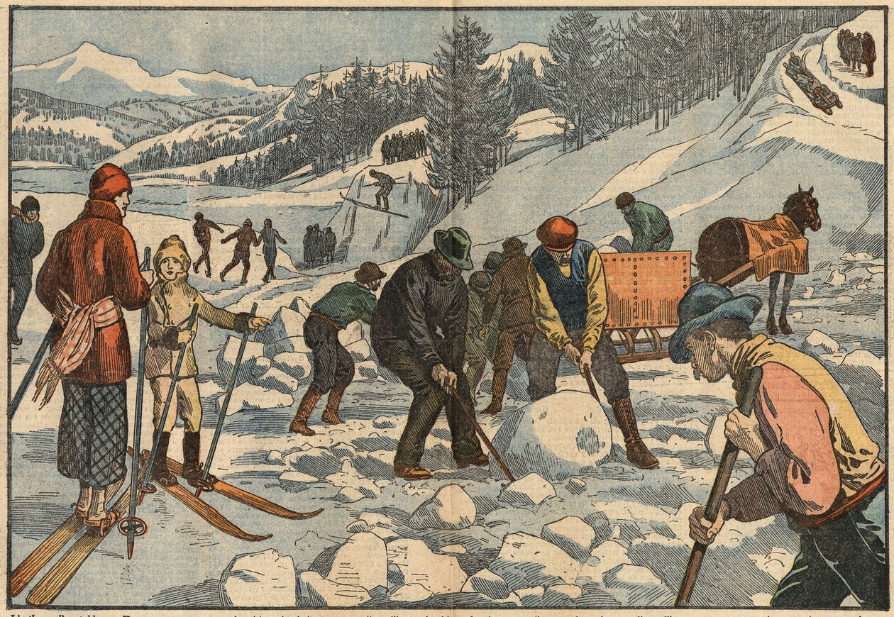 Alpine indbyggere samler isblokke om vinteren til sommeren. I baggrunden dyrker mænd vintersport. Illustration af Damblans. I "" Le Pelerin"" af 18. december af Eugene Damblans