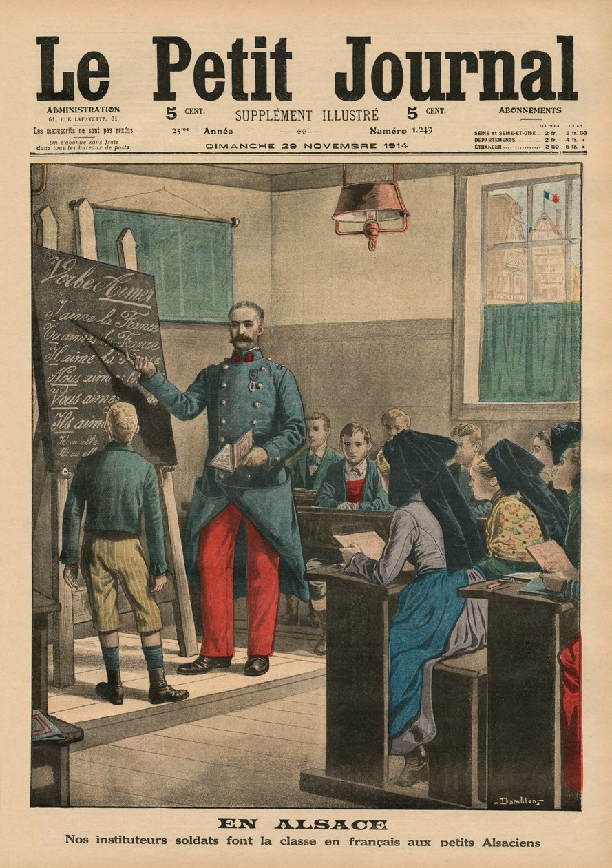 Alsace, vores lærersoldater underviser de alsaciske børn i fransk, forsideillustration fra "Le Petit Journal", supplement illustre, 29. november 1914 af Eugene Damblans