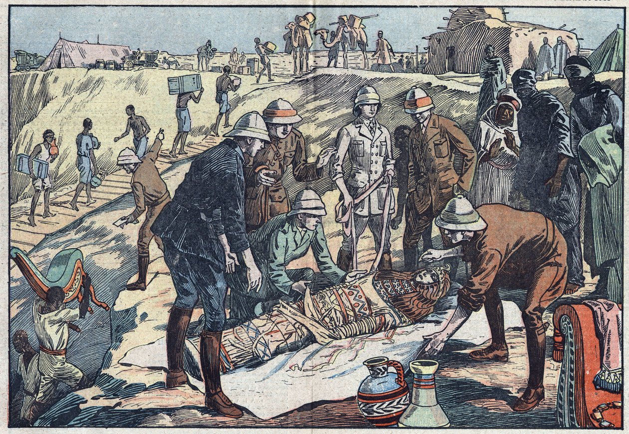 En engelsk mission, bestilt af Earl Byron de Prorok (1896-1954), en arkæolog, opdagede graven til Tin-Hahan i Hoggar. Illustration af Damblans. I "" Le Pelerin"" af 20. december 1925. af Eugene Damblans