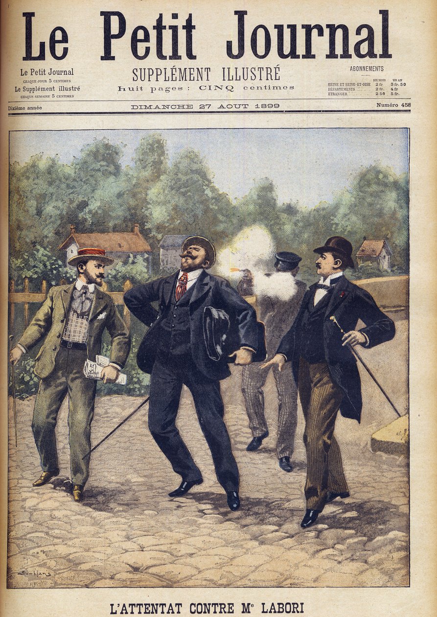 Attentatforsøg på Fernand Labori, en af de advokater, der forsvarede Alfred Dreyfus ved hans anden krigsret i Rennes "Le Petit Journal", august 1899. af Eugene Damblans