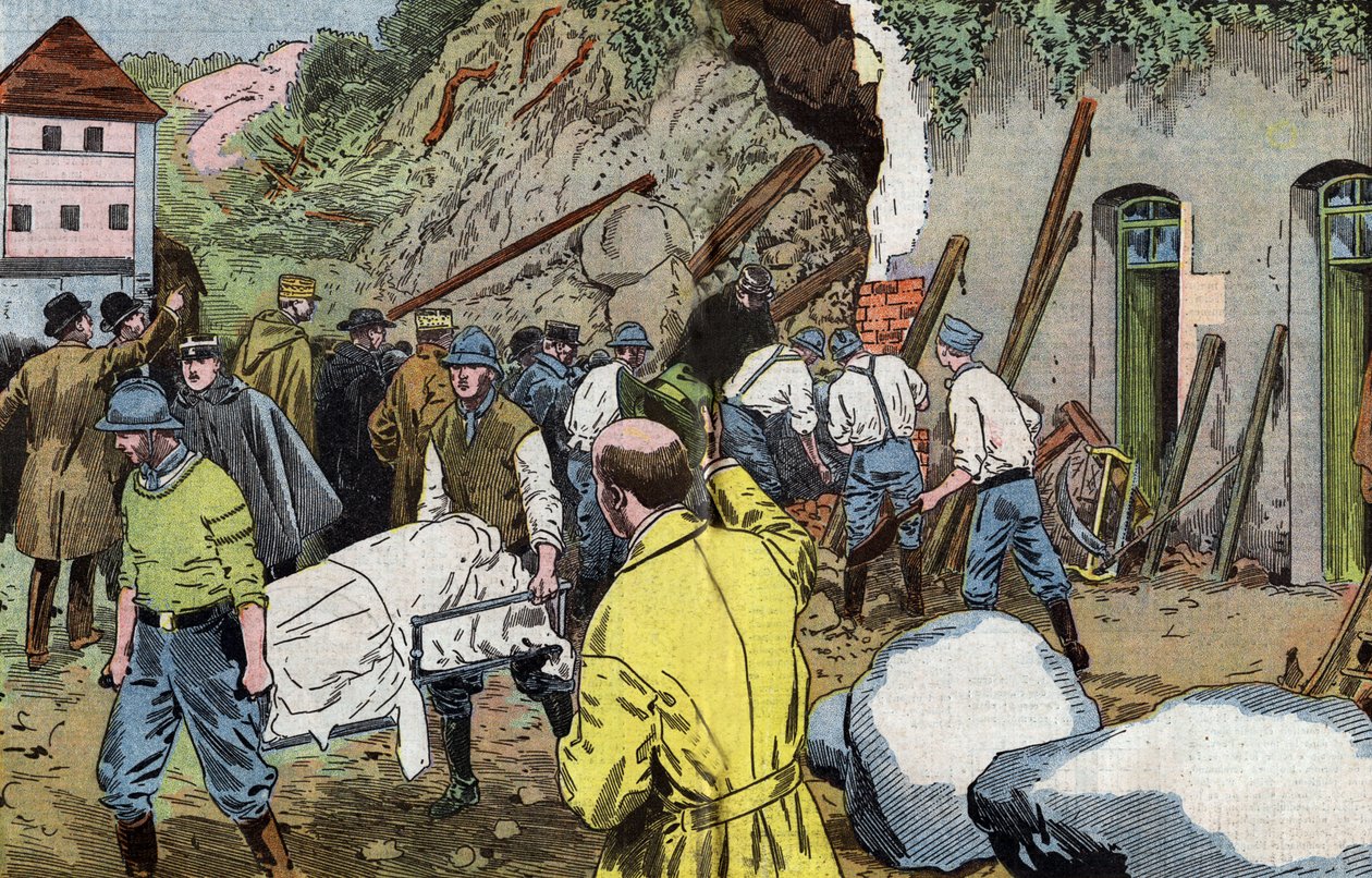 Liget af den amerikanske general Dunlop døde, fordi han reddede fru Briant under kollaps af udhuse på Fariniere-slottet (Frankrig) tegnet af Damblans fra det franske blad "Le Pelerin" 7. juni af Eugene Damblans