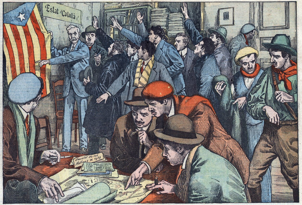 Catalanske separatister forbereder deres plan i Paris. Illustration af Damblans. I "" Le Pelerin"" af 28. november af Eugene Damblans