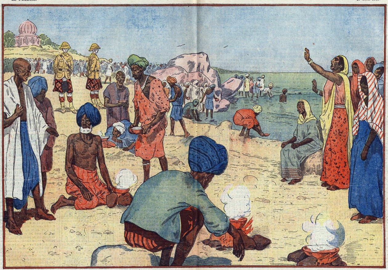 Civil Ulydighedsuge i Indien mod det britiske imperium: På Bombay Beach koger Gandhi (1869-1948) og hans tilhængere havvand for at få salt i strid med Gabelle-loven. Kvinder opmuntrer dem ved at gentage dette omkvæd: "Bryd, bryd saltloven, af Eugene Damblans