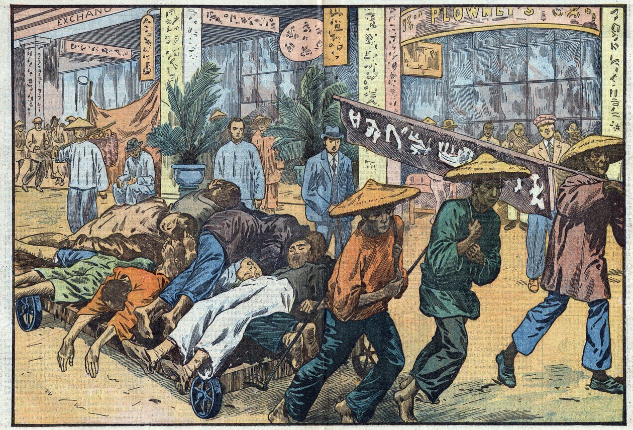 Borgerkrig mellem nationalister og kommunister i Kina: Efter de kommunistiske uroligheder i Canton bliver ligene af ofrene stablet op på vogne. Illustration af Damblans. I "" Le Pelerin"" af 4. marts af Eugene Damblans
