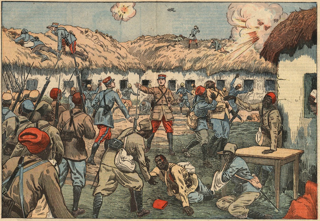 Kolonitropper låste Aoulay (Aoulai) posten op i Marokko under kaptajn Duboin. Illustration af Damblans. I "" Le Pelerin"" af 7. juni af Eugene Damblans