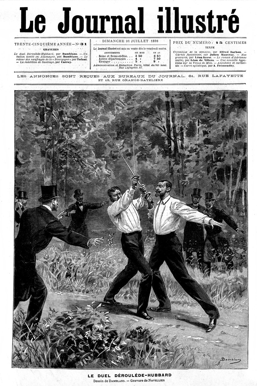 Indgravering af Damblans på "en" af Journal Illustrous N¡ 31 af 31. juli 1898: duel ved sværdet mellem Paul Deroulede (1846-1914) og Gustave Hubbard (1858-1927) - vidnerne greb ind - af Eugene Damblans