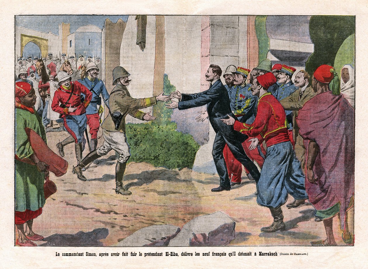 Begivenheder i Marokko, overtaget fra Marrakech af tropperne fra Hubert (Louis-Hubert-Gonzalve) Lyautey (1854-1934) og Charles Mangin (1866-1925). Kommandør Simon, efter at være flygtet fra den formodede El-Hiba (El Hiba) (Ahmed al-Hiba (Al Hiba), løslod d af Eugene Damblans