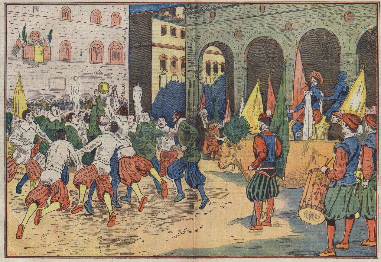 Firenze, Italien: på Place de la Seigneurie, en del af "calcio", fodbold fra det 15. århundrede, blev rekonstitueret i et tidstypisk kostume. Der blev tilbudt en oksekød til det vindende hold. Illustration af Damblans. I "" Le Pelerin"" af 8. juni af Eugene Damblans