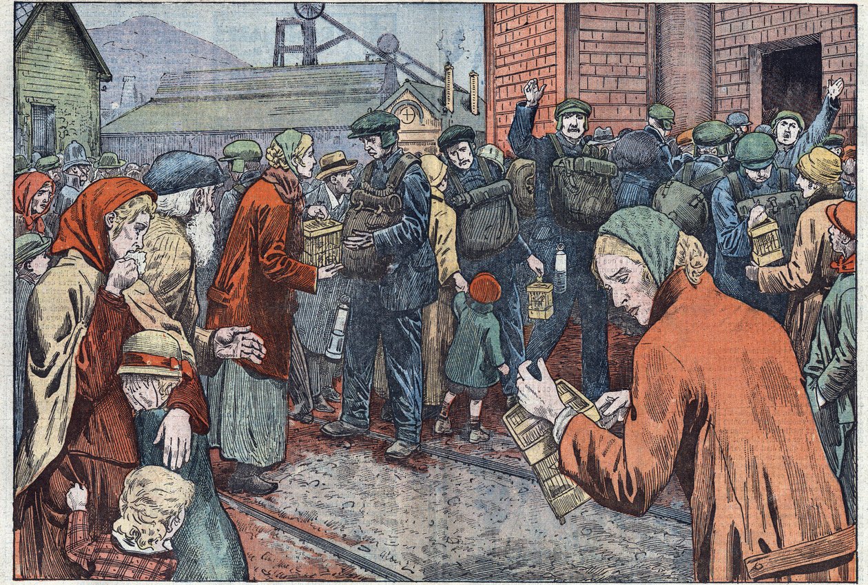 Efter eksplosionen i Cwn-minen (Wales), bragte minearbejdernes kvinder deres kanariefugle for at redde ilddampen. Illustration af Damblans. I "" Le Pelerin"" af 20. marts af Eugene Damblans