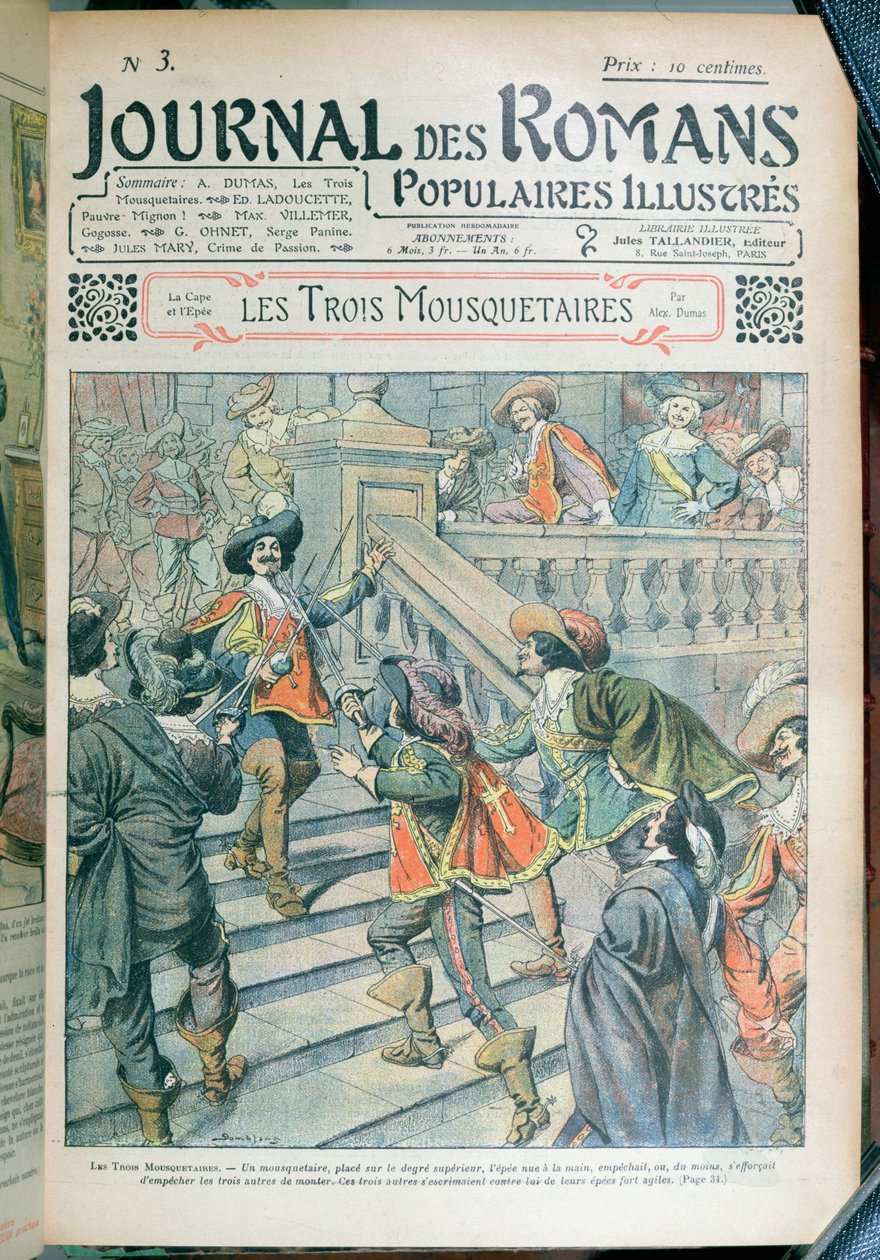 Forside af en serialisering af De tre musketerer af Alexandre Dumas pere (1803-70) fra Journal des Romans Populaires Illustres, 1905 af Eugene Damblans