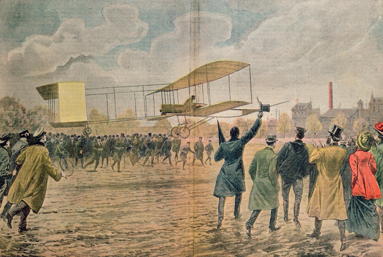 Henri Farman (1874-1958) i Issy-les-Moulineaux i sit fly Voisin-Farman 1, illustration fra "Le Pelerin" november 1907 af Eugene Damblans