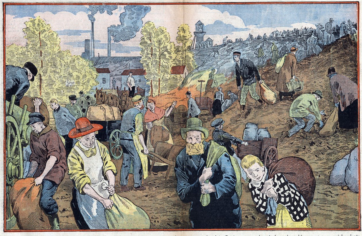 Jægere leder efter kulstykker blandt stenene, der er udvundet fra minerne for at varme sig op om vinteren. Rhur-regionen, Tyskland. Illustration af Damblans. I "" Le Pelerin"" af 4. oktober af Eugene Damblans