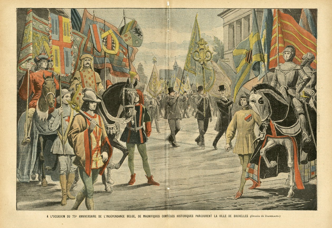 Illustration af Eugene Damblans (1865-1945) i Le Pelerin, 06/08/05 - I anledning af 70-året for den belgiske uafhængighed rejser storslåede historiske korteger gennem byen Bruxelles - Belgien, Historie, Flag, Bruxelles, Commemoratio af Eugene Damblans