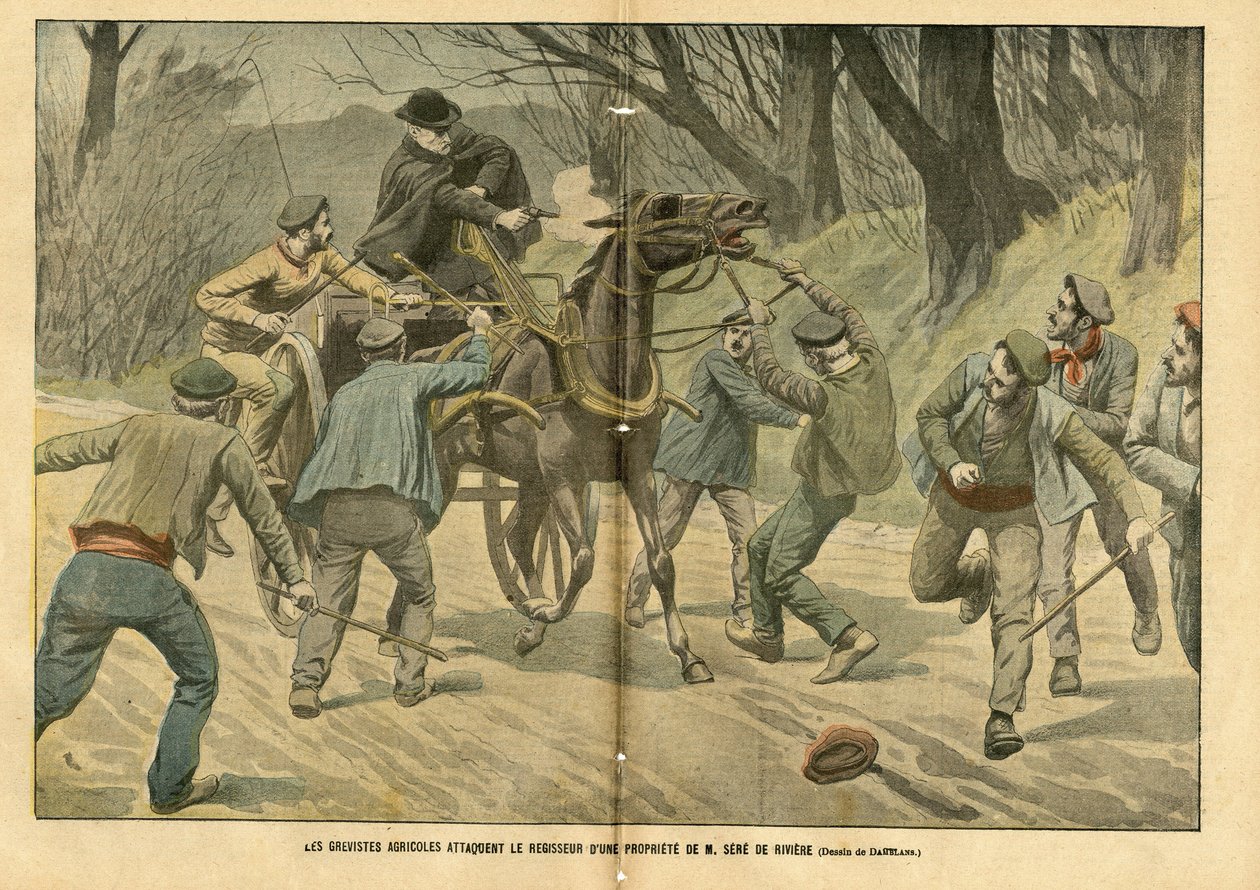 Illustration af Eugene Damblans (1865-1945) i Le Pelerin, 31/01/04 - Landbrugsgrevister angriber regisseur af en ejendom tilhørende M. Sere de Riviere - Socialt, Forskellige fakta, Greve, Transport, Landbrug, Skov, Caleche Fiacre Cab - Arbejder, Hesteheste af Eugene Damblans