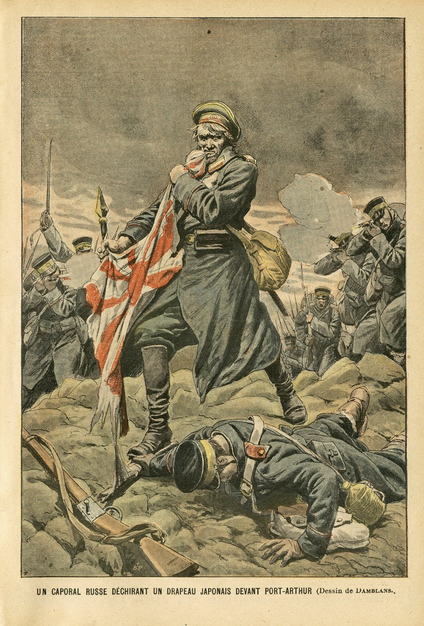 Illustration af Eugene Damblans (1865-1945) i Le Pelerin, 01/01/05 - En russisk korporal river et japansk flag i stykker foran Port Arthur - Rusland, Japan, Port Arthur, Russisk-Japansk krig, Kampe, Rifler - Soldater, Korporal af Eugene Damblans