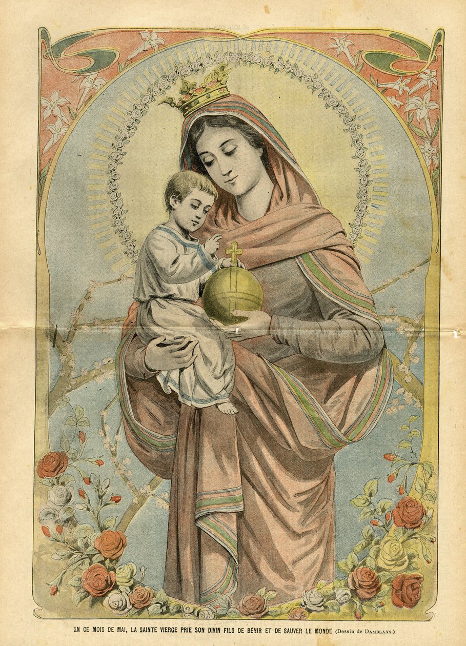 Illustration af Eugene Damblans (1865-1945) i Le Pelerin, 01/05/04 - I denne maj måned beder den hellige jomfru sin guddommelige søn om at velsigne og redde verden - Religion Tro, Blomster, Katolsk Katolicisme - Jesus, Maria af Eugene Damblans