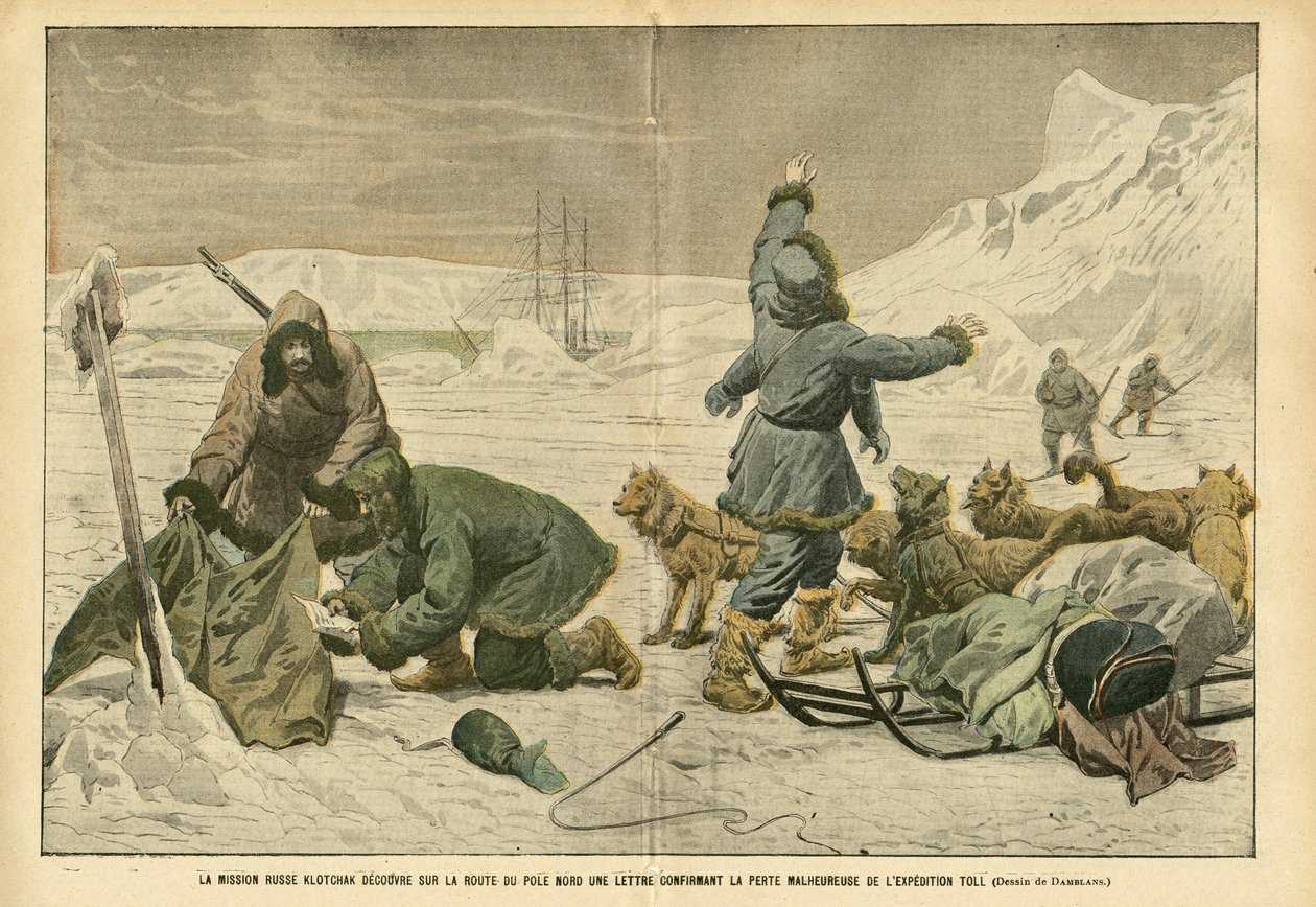 Illustration af Eugene Damblans (1865-1945) i Le Pelerin, 02/04/05 - Den russiske mission Klotchak opdager på nordpolvejen et brev, der bekræfter det uheldige tab af ekspeditionen Toll - Nord- og Sydpolen, Polar Ekspeditioner, Is, Slæde Trai af Eugene Damblans